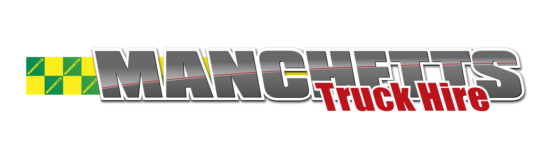 Manchetts Truck Hire logo with green and yellow checker pattern and metallic gray text on white background