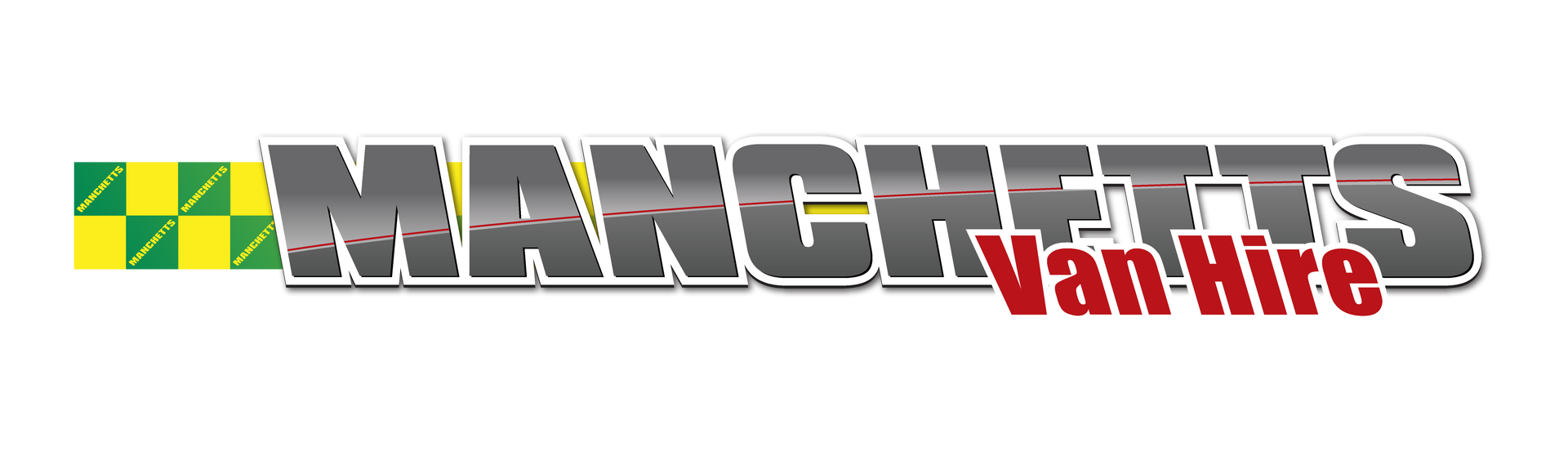 Manchetts Van Hire logo with silver and red text and a yellow-green checkered icon