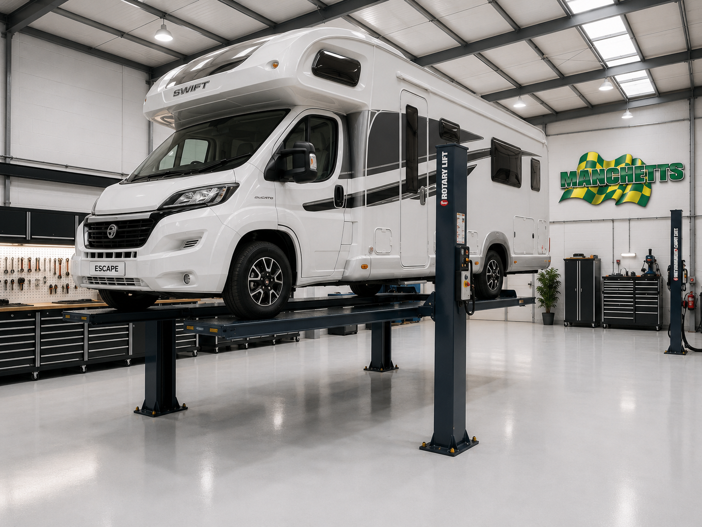 White RV on hydraulic lift in a bright auto shop garage