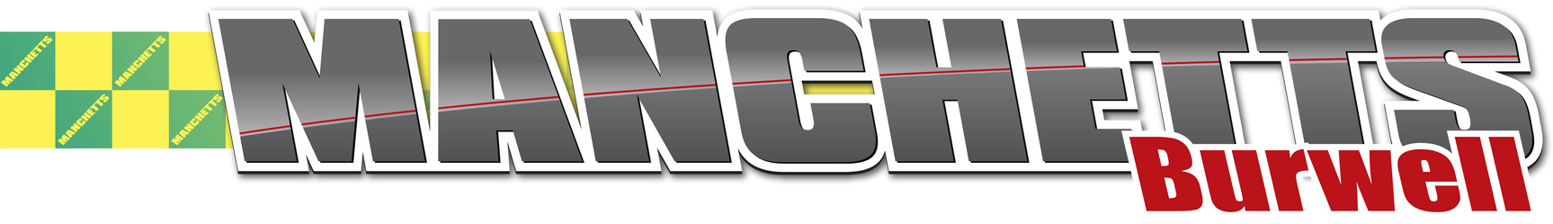 Manchetts Burwell logo with gray text, red accent, and green-yellow checkered banner