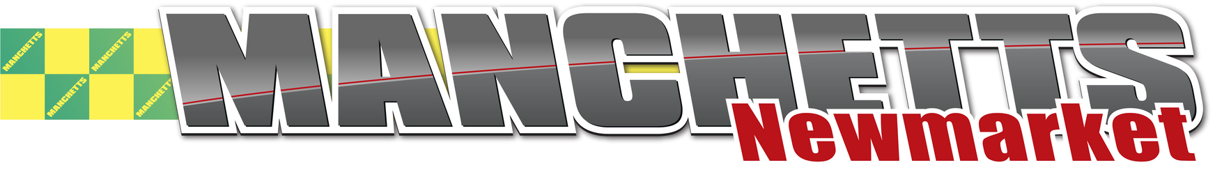 Manchetts Newmarket logo with bold gray and red text over a green-and-yellow checkered banner