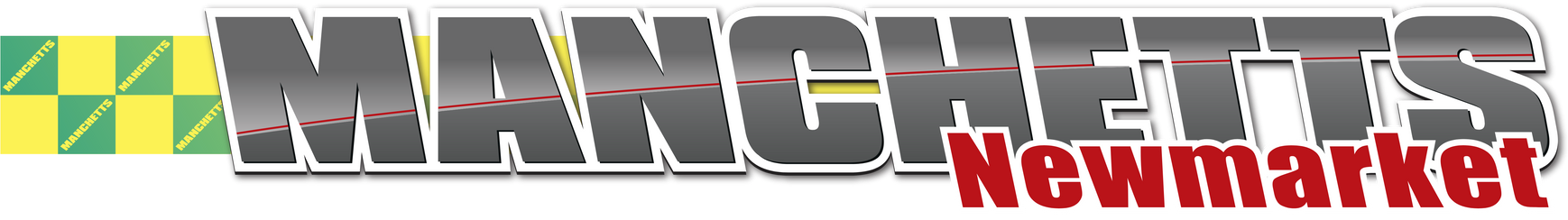 Manchetts Newmarket logo with grey and red text on a green-and-yellow patterned banner