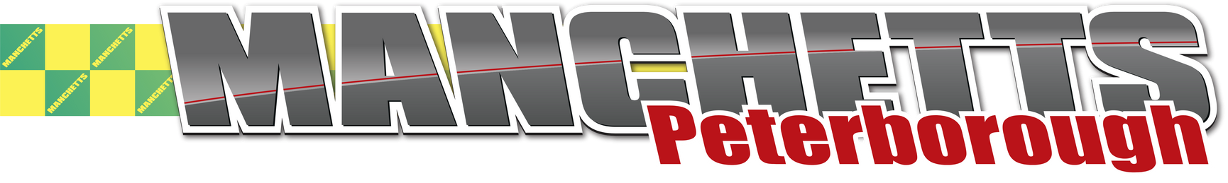 Manchetts Peterborough logo with gray-and-black text and yellow-green checkered accents