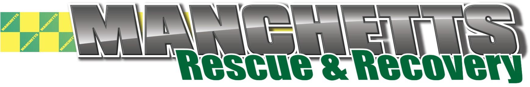 Manchetts Rescue & Recovery logo in gray and green with yellow checkered accents