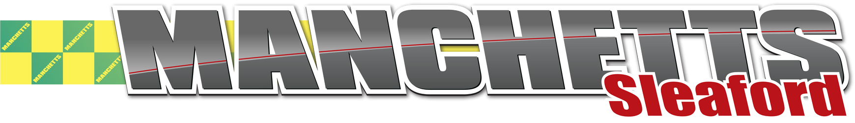 Manchetts Seaford logo in gray and red with green-yellow diamond accents