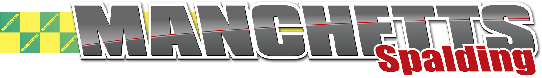 Manchetts Spalding logo in gray and red on a white background with yellow-green checkered accents