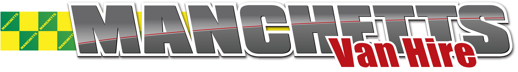 Manchetts Van Hire logo with bold gray text and red script on a green-and-yellow checkered strip