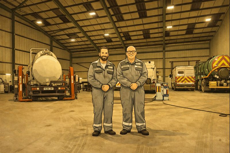 Two workers in gray uniforms stand in a large industrial warehouse with tanks and equipment.