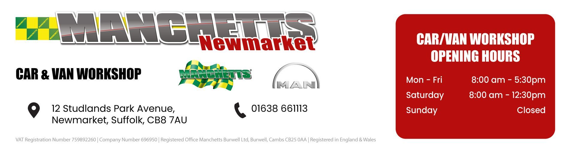 Manchetts website banner with logo and contact details, plus red sidebar listing opening hours.