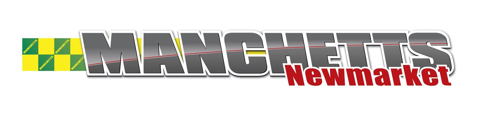 Manchetts Newmarket logo with yellow-and-green checkered squares and gray and red text