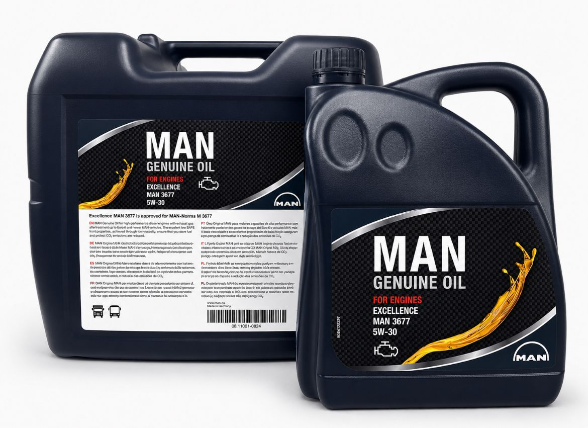 Two black MAN Genuine Oil jugs with white labels and orange accents on a white background