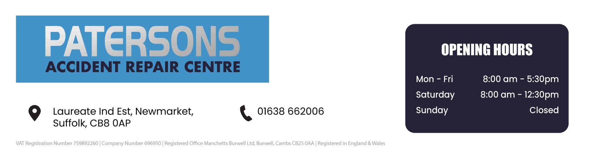 Patersons Accident Repair Centre banner with address, phone number, and opening hours on white background