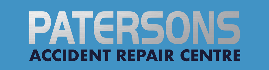 Patersons Accident Repair Centre logo in blue, white, and black text
