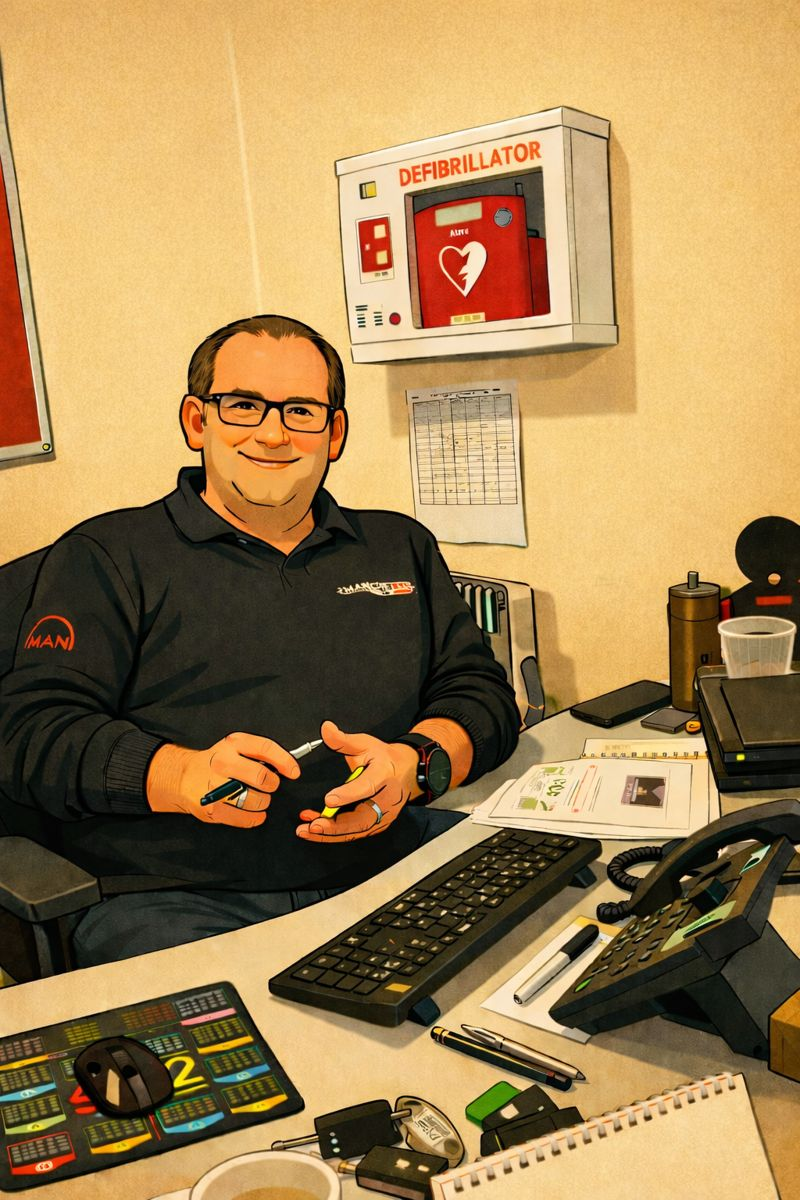 Person sitting at an office desk, smiling, with a computer keyboard, mouse, and wall display behind them.