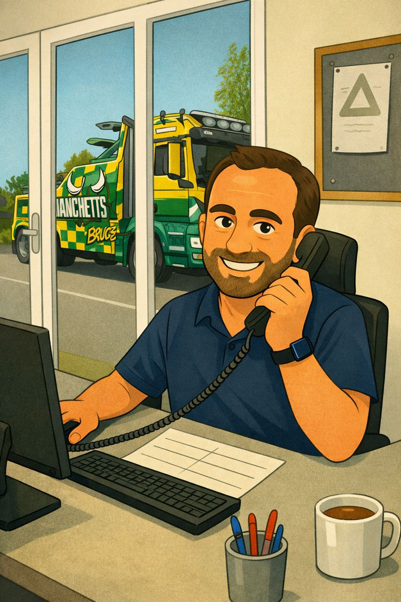 Smiling customer service agent at desk, speaking on phone beside coffee mug and computer, with truck outside window