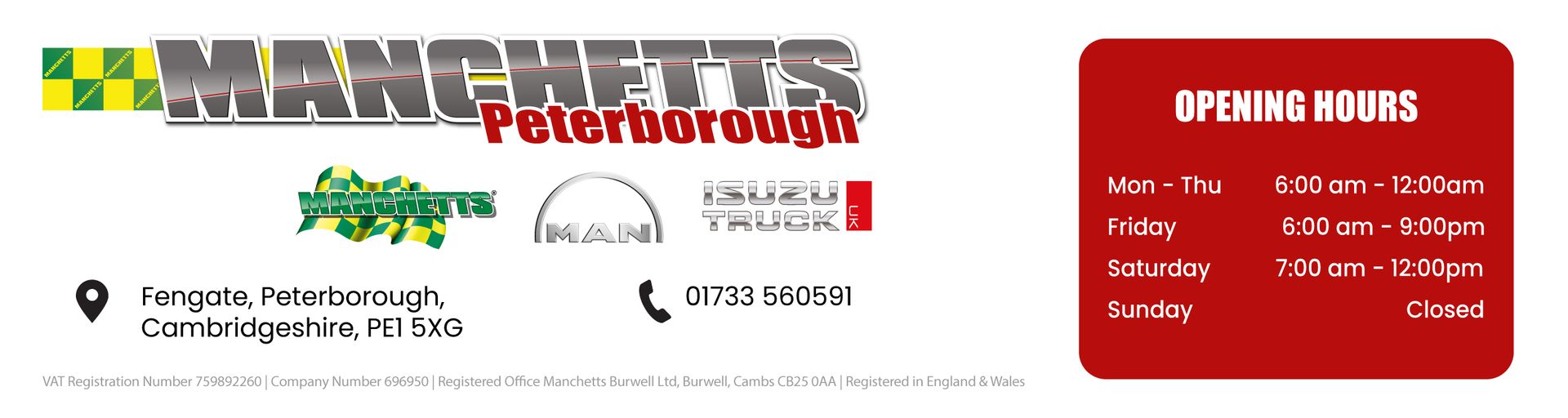 Manchetts Petborough sign with opening hours on a red panel and contact details on a white background