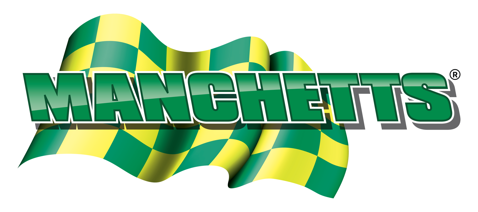 Manchetts logo over a green and yellow checkered flag background