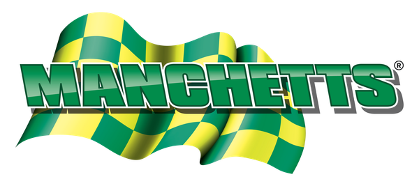 Manchetts logo over a green and yellow checkered flag background