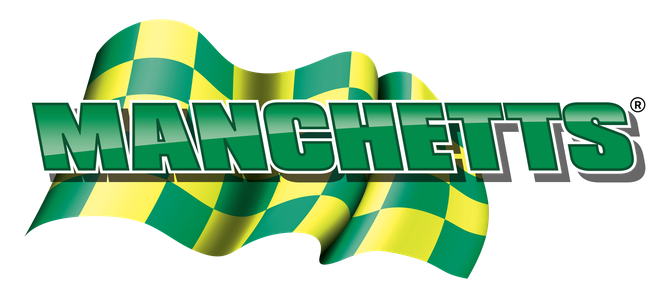 Manchetts logo over a green and yellow checkered flag background