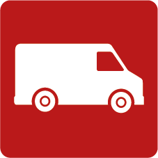 White delivery truck icon on a red square background