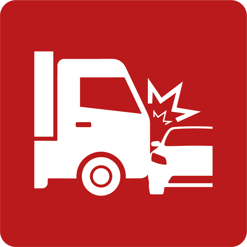 White truck hitting a car on a red warning sign