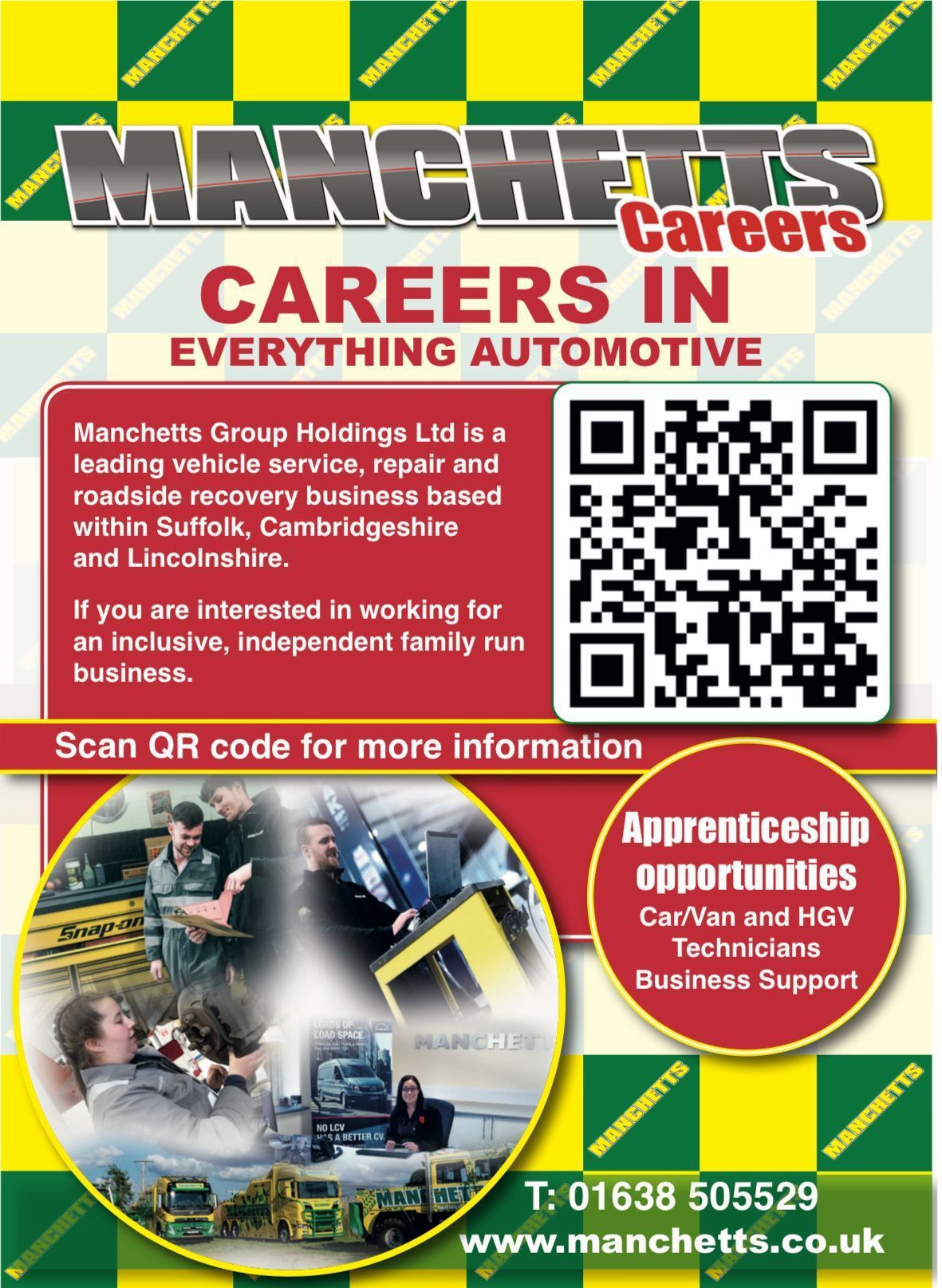 Manchetts Careers in Everything Automotive ad with QR code and apprenticeship opportunities, red and green design