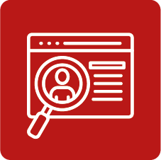 White browser window with a magnifying glass over a user profile on a red background