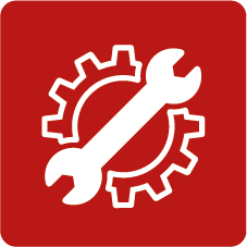White wrench and gear icon on a red square background