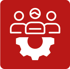 White group-and-gear icon on a red square background