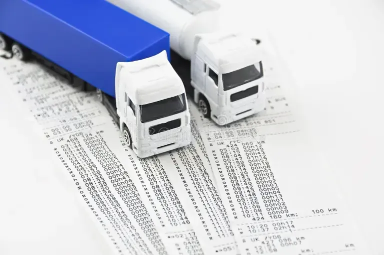 Two white toy trucks beside a blue folder on a printed financial document