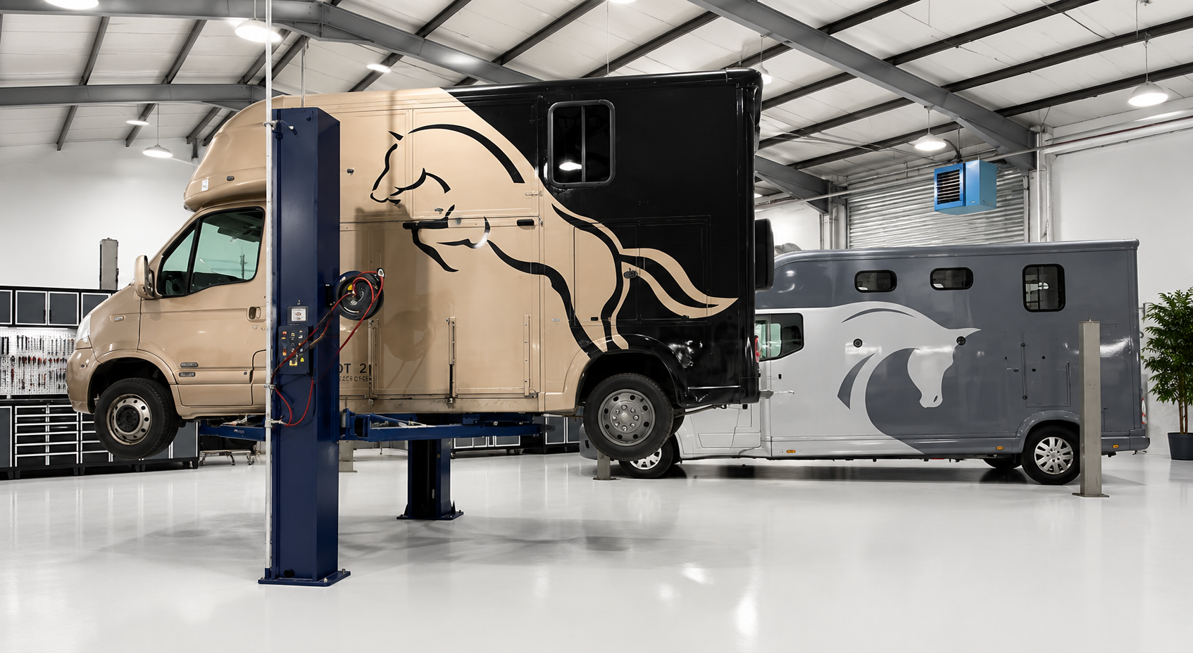Custom tan RV in a workshop beside a gray trailer with black swirl graphics