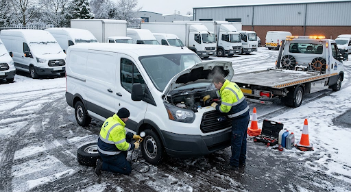Two workers in yellow vests fix a white van’s tire in a snowy industrial lot