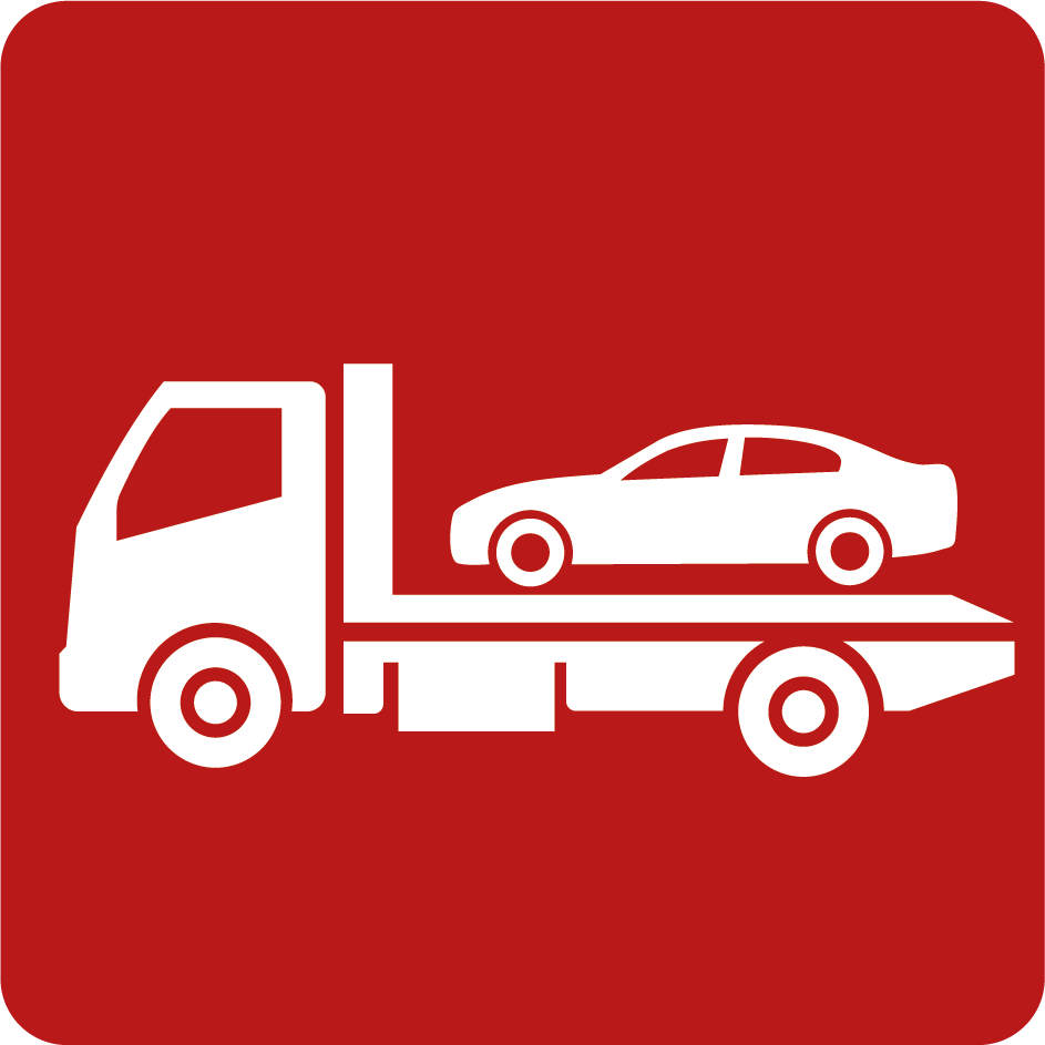 White tow truck carrying a car on a red square background