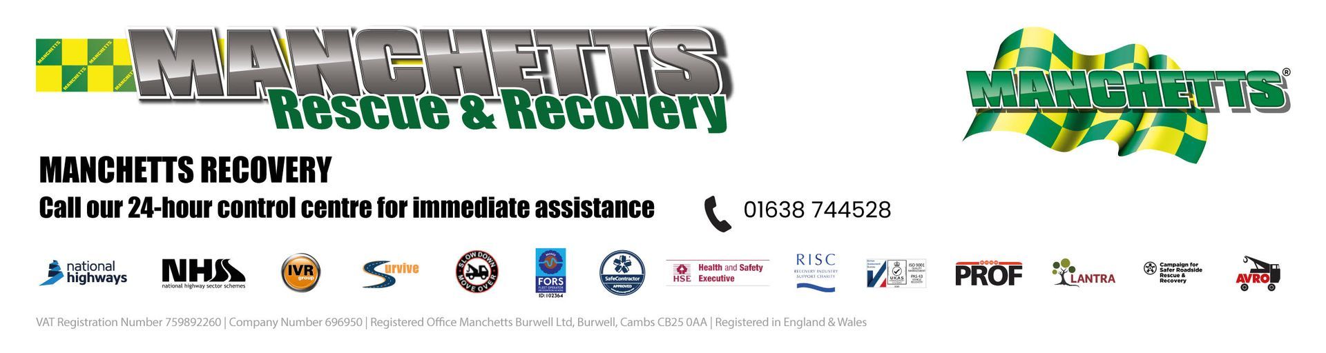 Promotional banner for the “Manchetts Rescue & Recovery” event with logos and date details