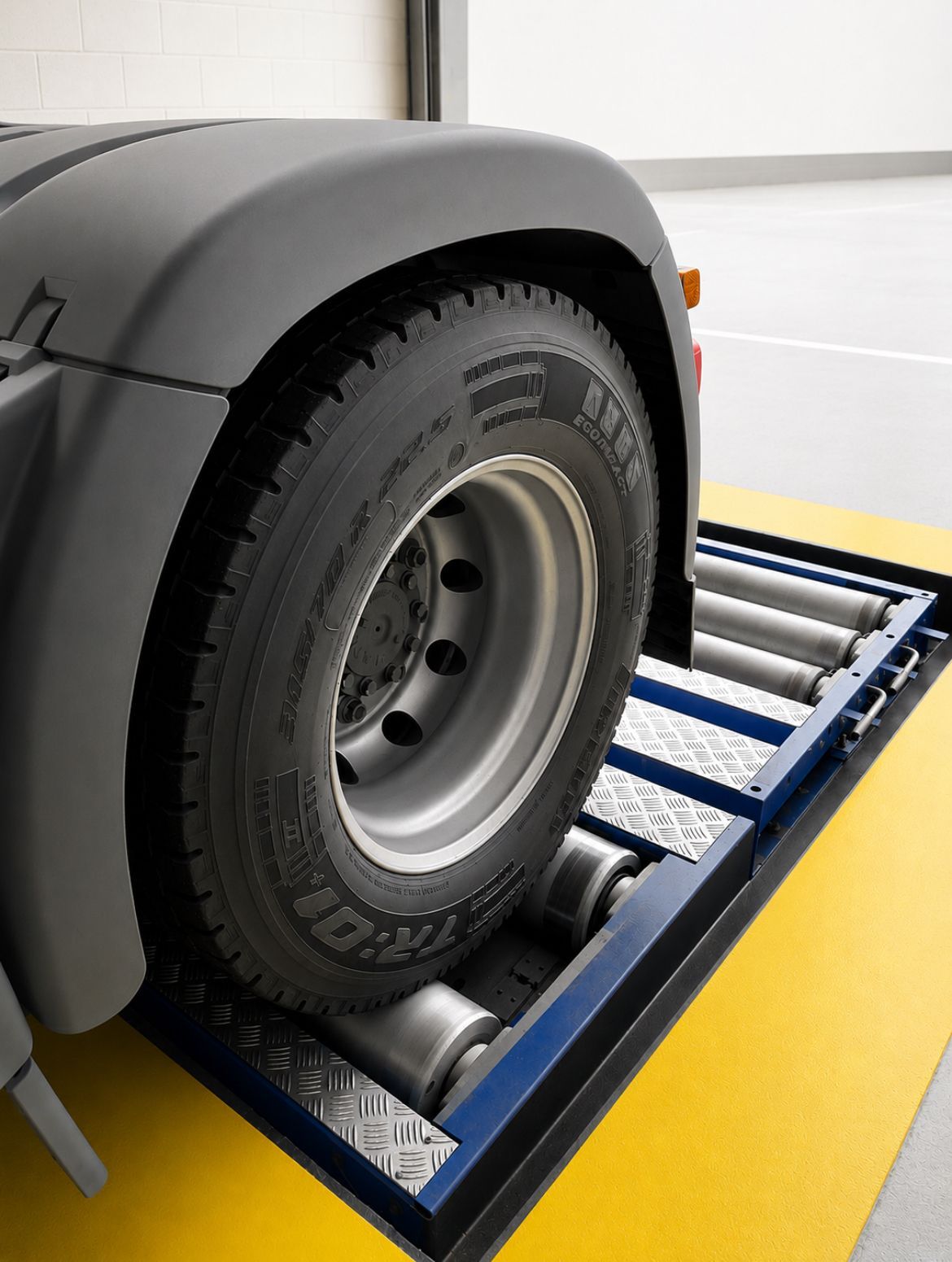 Car tire on a blue-and-silver rolling road test platform in a garage-like setting