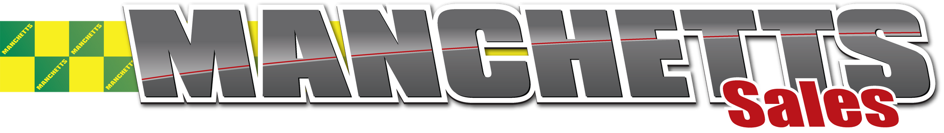 Manchetts Sales logo in gray and red with a green checkered accent