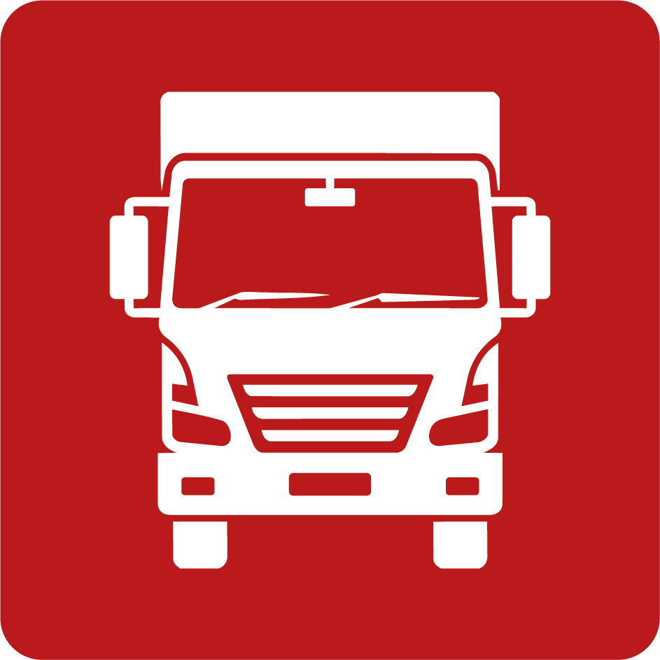 White truck icon on a red square background