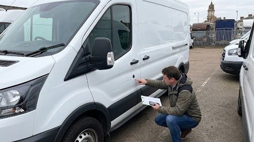 Man crouches beside white van, examining the front wheel in a parking lot with buildings in the background