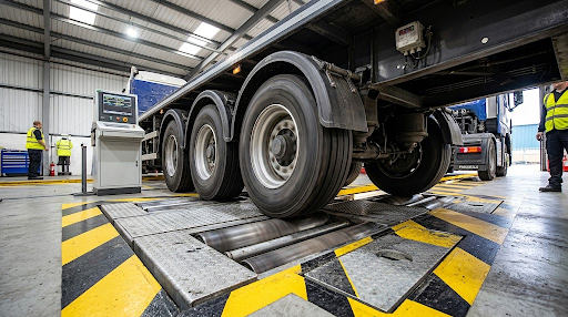 Heavy commercial vehicle undergoing dynamic roller brake testing and mechanical evaluation