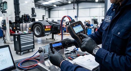 Master technician performing tachograph calibration inside a DVSA-approved workshop