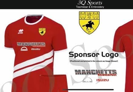 Red sports jersey mockup with yellow crest and Manchetts sponsor logos on a white background