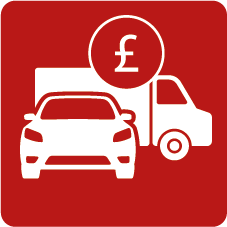 Red sign with white car and van icons and a pound symbol, indicating vehicle charge or fee