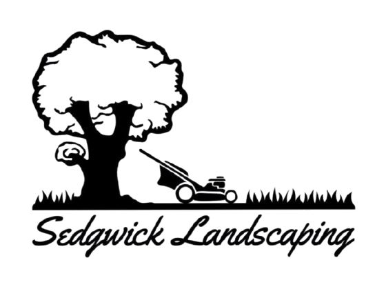 Logo for Sedgwick Landscaping featuring a black silhouette of a tree and a lawnmower above the business name.