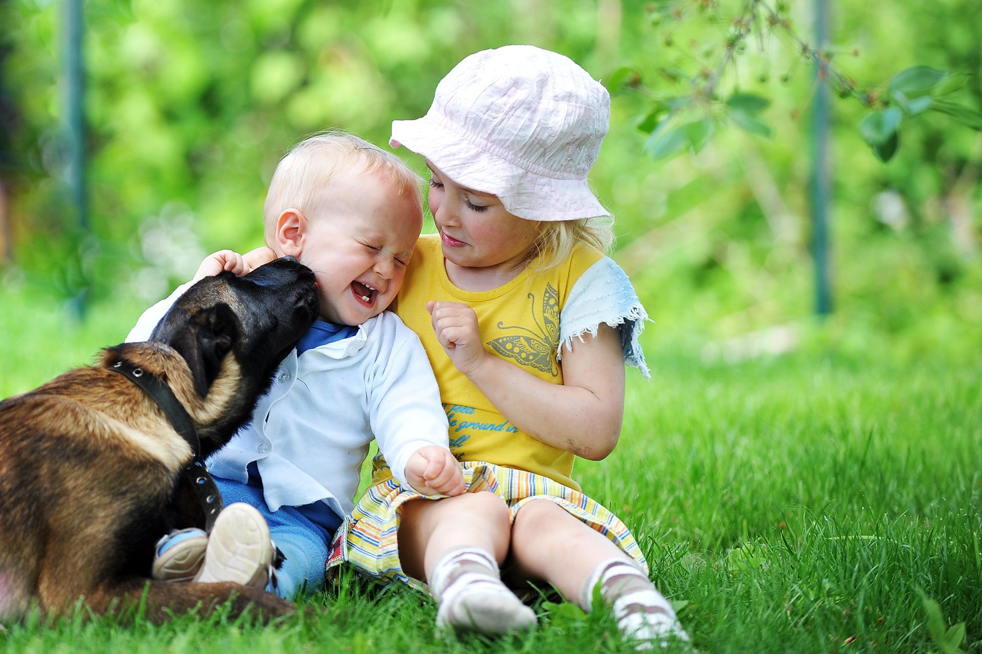 Babies with Dog on Grass