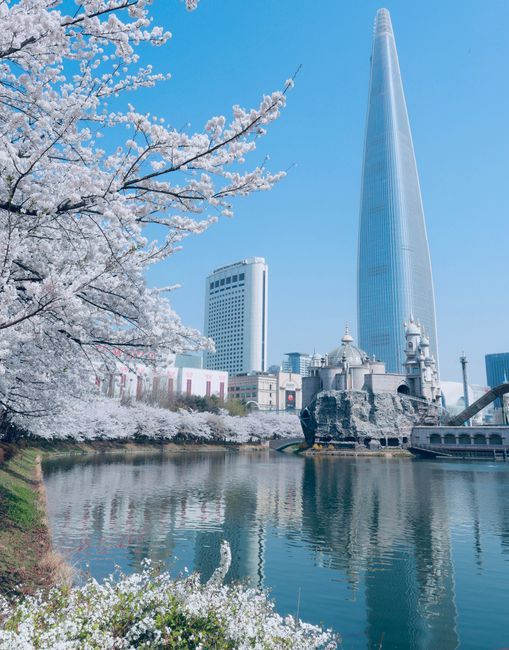 Seokchon Lake and Lotte World Tower in Jamsil, Seoul