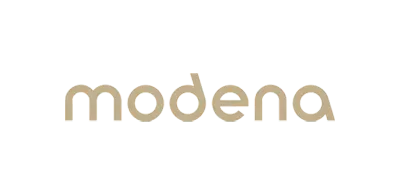 Modena-logoen med små bokstaver i beige på hvit bakgrunn