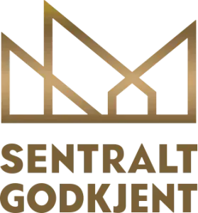 Brun «Sentralt Godkjent»-logo med stilisert taklinjeikon på hvit bakgrunn