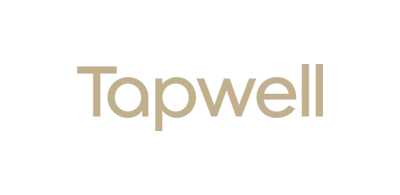 Tapwell-logo i beige tekst på hvit bakgrunn