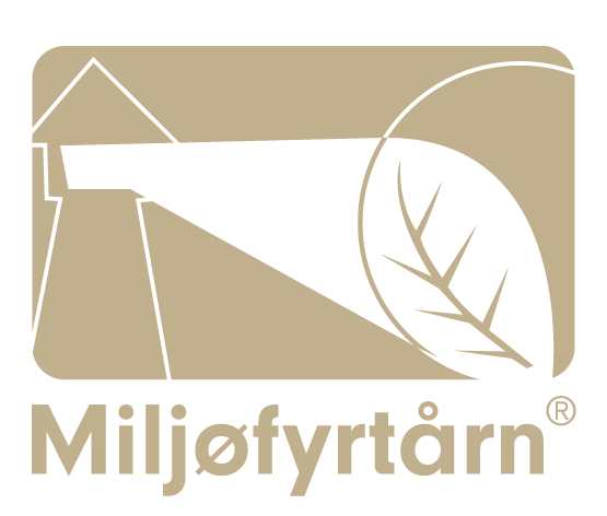 Miljøfyrtårn-sertifiseringslogo i beige og hvitt med et stilisert hus og blad