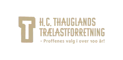H.C. Thauglands Trelastforretning logo in beige with slogan “Profenes valg i over 100 år”